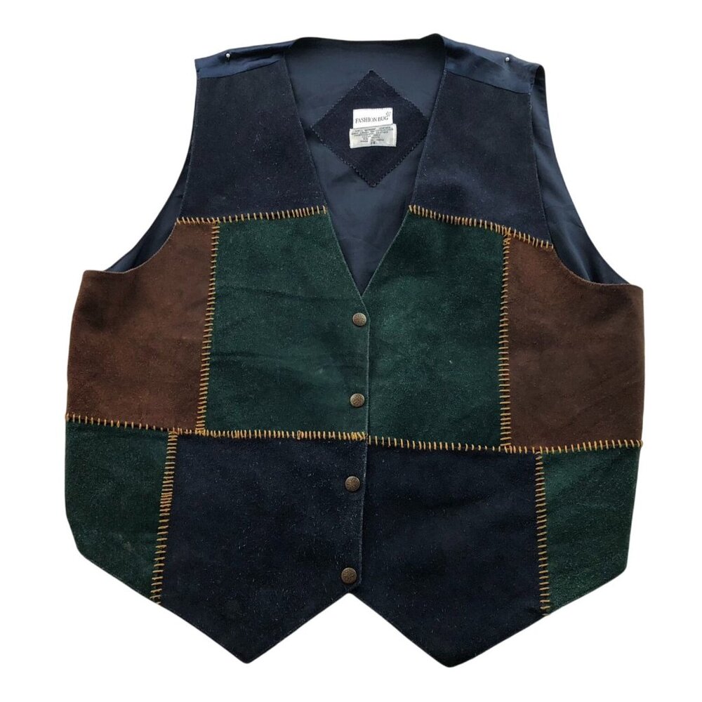 Vintage Fashion Bug Woman's Leather Patch Vest Jacket 2X Patchwork Genuine Leath